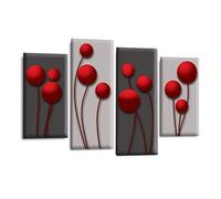 LR Red Floral Rose Wall Art Picture - Grey Framed 4 Panel Split Canvas Print | Ready to Hang | Modern Wall Art for Living Room, Bedroom & Office