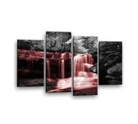 LR Red Waterfall Canvas Art Picture - Forest Landscape Black & White Love Home Framed 4 Panel Split Wall Art Print | Ready to Hang | Modern Wall Art for Living Room, Bedroom & Office