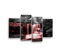 LR Red Waterfall Wall Art Picture - Black & White Forest Framed 4 Panel Split Canvas Print | Ready to Hang | Modern Wall Art for Living Room, Bedroom & Office