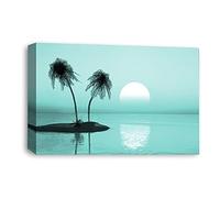LR Sunset Beach Wall Art Picture - Duck Egg Seascape Framed Canvas Print | Ready to Hang | Modern Wall Art for Living Room, Bedroom & Office