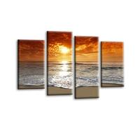 LR Sunset Beach Wall Art Picture - Orange & Grey Seascape Ocean Framed 4 Panel Split Canvas Print | Coastal Sunset Decor | Ready to Hang | Modern Wall Art for Living Room, Bedroom & Office