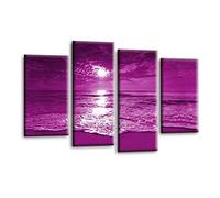 LR Sunset Beach Wall Art Picture - Purple & Cream Seascape Framed 4 Panel Split Canvas Print | Ready to Hang | Modern Wall Art for Living Room, Bedroom & Office