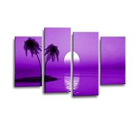 LR Sunset Beach Wall Art Picture - Purple Seascape Framed 4 Panel Split Canvas Print | Ready to Hang | Modern Wall Art for Living Room, Bedroom & Office