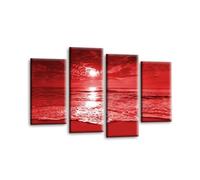 LR Sunset Beach Wall Art Picture - Red & Cream Seascape Framed 4 Panel Split Canvas Print | Ready to Hang | Modern Wall Art for Living Room, Bedroom & Office