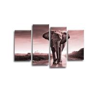 LR Sunset Elephants Wall Art Picture - Grey, Pink & Cream African Elephant Framed 4 Panel Split Canvas Print | Ready to Hang | Modern Wall Art for Living Room, Bedroom & Office