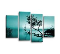LR Sunset Landscape Lake Wall Art Picture - Teal & Brown Floral Framed 4 Panel Split Canvas Print | Ready to Hang | Modern Wall Art for Living Room, Bedroom & Office