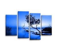 LR Sunset Landscape Wall Art Picture - Grey, Blue & Brown Floral Framed 4 Panel Split Canvas Print | Ready to Hang | Modern Wall Art for Living Room, Bedroom & Office