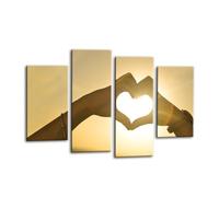 LR Sunset Love Heart Wall Art Picture - Yellow & Gold Home Framed 4 Panel Split Canvas Print | Ready to Hang | Modern Wall Art for Living Room, Bedroom & Office