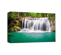 LR Teal Green Waterfall Wall Art Picture - Grey & Forest Framed Canvas Print | Ready to Hang | Modern Wall Art for Living Room, Bedroom & Office