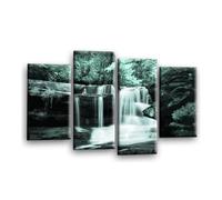 LR Waterfall Forest Wall Art Picture - Duck Egg Grey & White Framed 4 Panel Split Canvas Print | Ready to Hang | Nature Wall Art for Living Room, Bedroom & Office
