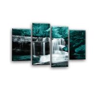 LR Waterfall Forest Wall Art Picture - Grey, Teal, Black & White Autumn Framed 4 Panel Split Canvas Print | Ready to Hang | Nature Wall Art for Living Room, Bedroom & Office