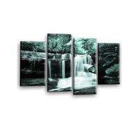 LR Waterfall Forest Wall Art Picture - Grey, White & Duck Egg Framed 4 Panel Split Canvas Print | Ready to Hang | Modern Wall Art for Living Room, Bedroom & Office