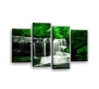 LR Waterfall Green Wall Art Picture - Forest Landscape Grey Framed 4 Panel Split Canvas Print | Ready to Hang | Nature Wall Art for Living Room, Bedroom & Office