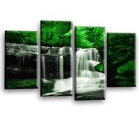 LR Waterfall Green Wall Art Picture Forrest Landscape Grey Framed Split Canvas Print Ready to Hang