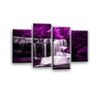 LR Waterfall Purple Wall Art Picture - Forest Landscape Grey Framed 4 Panel Split Canvas Print | Ready to Hang | Nature Wall Art for Living Room, Bedroom & Office