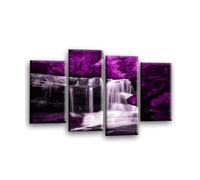 LR Waterfall Purple Wall Art Picture - Grey Forest Framed 4 Panel Split Canvas Print | Ready to Hang | Modern Wall Art for Living Room, Bedroom & Office