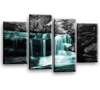 LR Waterfall Teal Wall Art Picture Forrest Landscape Grey Framed Split Canvas Print Ready to Hang