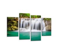 LR Waterfall Wall Art Picture - Forest Landscape Teal, Black & White Love Framed 4 Panel Split Canvas Print | Ready to Hang | Modern Wall Art for Living Room, Bedroom & Office