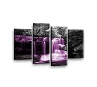 LR Waterfall Wall Art Picture - Purple, Black & White Forest Framed 4 Panel Split Canvas Print | Ready to Hang | Modern Wall Art for Living Room, Bedroom & Office