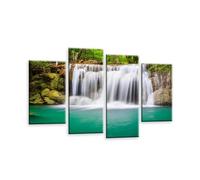 LR Waterfall Wall Art Picture - Teal, Black & White Forest Framed 4 Panel Split Canvas Print | Ready to Hang | Modern Wall Art for Living Room, Bedroom & Office