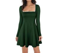 Lrady Womens Square Neck Bodice Dress Long Sleeve Flare A Line Club Party Mini Ruffle Swing Short Dresses, 1# Dark Green, L