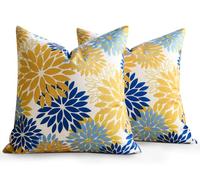 LRartdeco Yellow and Blue Outdoor Cushion Covers 45 x 45cm Pack of 2 Dahlias Pillowcase Modern Geometric Flowers Decor Print Pillow Covers rectangle cushions for Living Room Bedroom