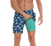 LRD Mens Swim Trunks with Compression Liner 7 inch Inseam Quick Dry Swim Shorts, Surfin' Crocodiles / Scales, X-Large