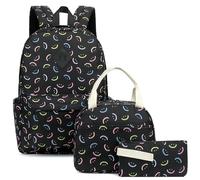 Lrenagao School Backpack for Girls, 3PCS Bookbags Set with Lunch Box Pencil Pouch Elementary Middle School Bag Back Packs, Smile Black, L