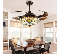 Lrenjon 42" Tiffany Ceiling Fans with Lights and Remote, 3 Color Temperature 6 Speeds Retro Invisible Ceiling Fan Light Handmade Stained Glass Lamp Shade Retractable Ceiling Fan with Light-Black