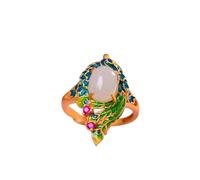 LRFNKCT Rings,vintage rings, S925 Silver Gold-Plated with Natural Hetian White Jade Eggs Peacock Enamel Ring for Women