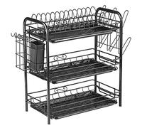 LRFVADW Dish Rack 3-Tier Dish Rack Rustproof Drying Carbon Steel Kitchen Organizer Drainer with Drainboard Hooks Utensil Holder(Schwarz)
