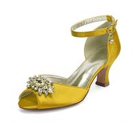 LRFVADW High Heels Hoof Kitten Block Heel Lady Satin Evening Dress Shoes Open Toe Ankle Strap Bridal Wedding Prom Party Heels Crystal Brooch Colors(Yellow,7.5)