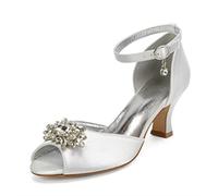 LRFVADW High Heels Hoof Kitten Block Heel Lady Satin Evening Dress Shoes Open Toe Ankle Strap Bridal Wedding Prom Party Heels Crystal Brooch Colors(White,9)