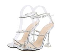 LRFVADW High Heels Lady Square Pointed Shoes with Acne Diamond Summer On Her Ankle(6.5 UK) Silver