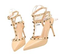 LRFVADW High Heels Riveted Women's Pointed Head Shallow Mouth High Heel Single Shoes Summer New Sandals(2.5 UK) Beige