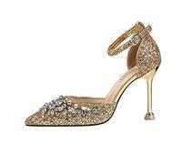 LRFVADW High Heels Transparent High-Heeled Shoes Women Spring New One-Word Buckle Stiletto Heel Temperament Sexy Single Sandals(2.5 UK) Gold