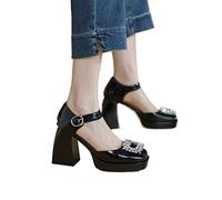 LRFVADW High Heels Women High Thick Heels Spring Summer Ankle Strap Square Toe Pumps One Word Buckle Platform Party Shoes(6.5 UK)
