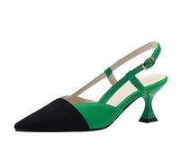 LRFVADW High Heels Women Sandals Pointed Toe Spool Heels Back Buckle Strap Splice Big Size Color Green White Elegant(4.5 UK)