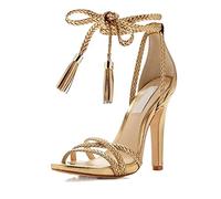 LRFVADW High Heels Women's Gold Heel Sandal, Comfortable Needle with Woven Ankle Strap, Narrow Toe Summer Shoe, Modern(9.5 UK)