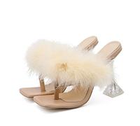 LRFVADW High Heels Women's Stilettos, Feathered Flip-Flops, Weird Styles, Clear Crystals, Summer(Beige,7.5 UK)