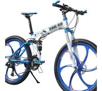 LRFVADW Mens Bikes 26 Inch Folding Bicycle 3x9 Speed Mountain Bike With Full Suspension(White blue)