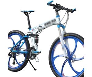 LRFVADW Mens Bikes 26 Inch Folding Bicycle 3x9 Speed Mountain Bike With Full Suspension(White blue)