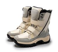 LRFVADW Mens Boots Women's Boots Warm Winter Plush Mid calf Waterproof Black Plus Size PU Leather(Beige,9.5)