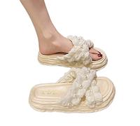 LRFVADW Slippers Women Fairy Style Pearl Decor Sandals for Summer Thick Muffin Bottom Lady Casual Beach Flip Flops Comfy Women Slippers(White,6.5 UK)