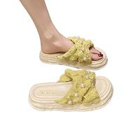 LRFVADW Slippers Women Fairy Style Pearl Decor Sandals for Summer Thick Muffin Bottom Lady Casual Beach Flip Flops Comfy Women Slippers(Yellow,5.5 UK)