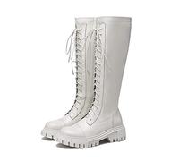 LRFVADW Womens Boots Knight round head winter cross tie warm medium heel shoes handsome over knee boots(Beige,7.5)