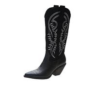 LRFVADW Womens Boots White cowboy boots retro net red thin pointed high barrel Knight thick heel women knee length(Schwarz,6.5 UK)