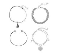 LRGKMCWTOB Boho Silver Bracelet Smooth Tassel Bracelet Multi-Layer Chain Round Piece 4-Piece Bracelet Set Dainty Silver Chain Bracelets Set Layered Link Chain Bangle Bracelets Adjustable Bracelets