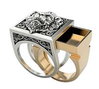 LRGKMCWTOB Men's Lion Ring Roaring Lion Head Vintage Engraved Carved Band Rings with Mini Hidden Storage Box Design Hip Hop Party Two Tone Jewelry Unique Gift For Men Biker Rapper Size 7-12, US 11,