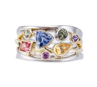 LRGKMCWTOB Ring, 925 Sterling Silver, Rainbow Gemstone, Geometrical Line Multi Row, Cocktail Party, Size 8